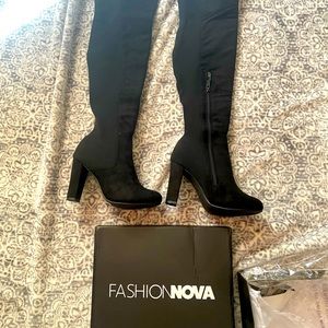 Fashion nova black thigh high boots with heel